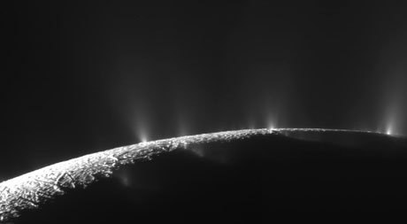 Water plumes jetting into space from the south polar region of Saturn's moon Enceladus